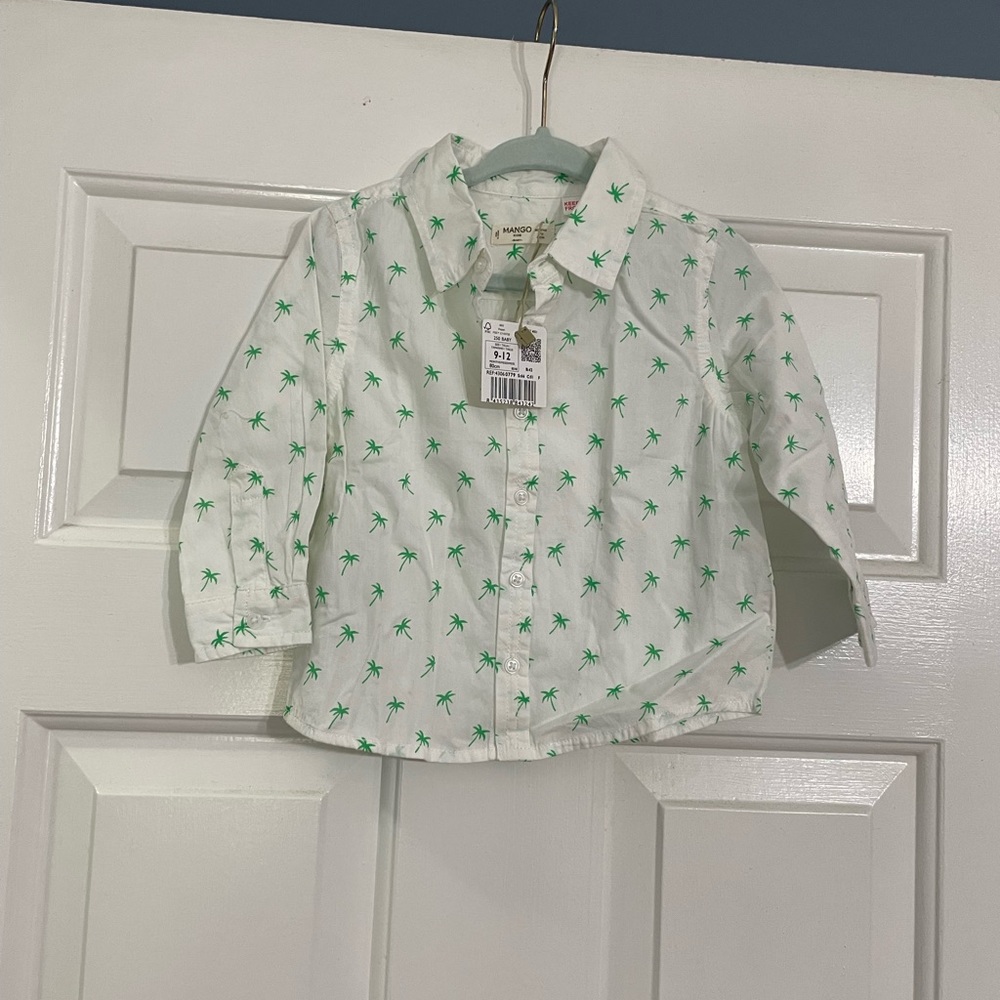Mango long sleeve Button Down, white with green palm trees - 9-12 months